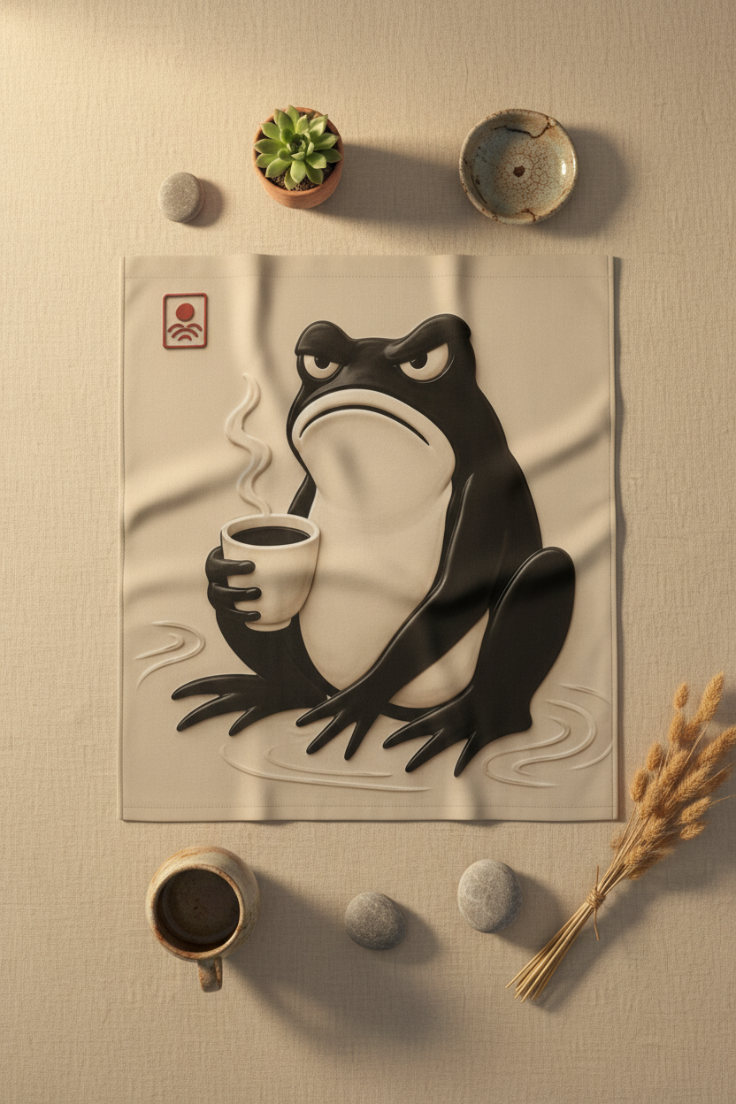 Rideau de douche beige plié au mur avec grenouille noire tenant une tasse, style déco.