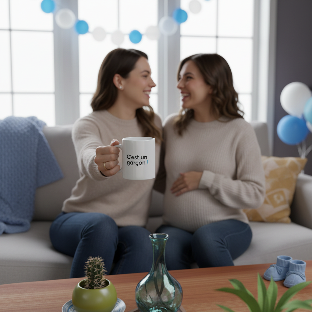 deux femmes celebrant naissance bebe garcon avec mug cest un garcon