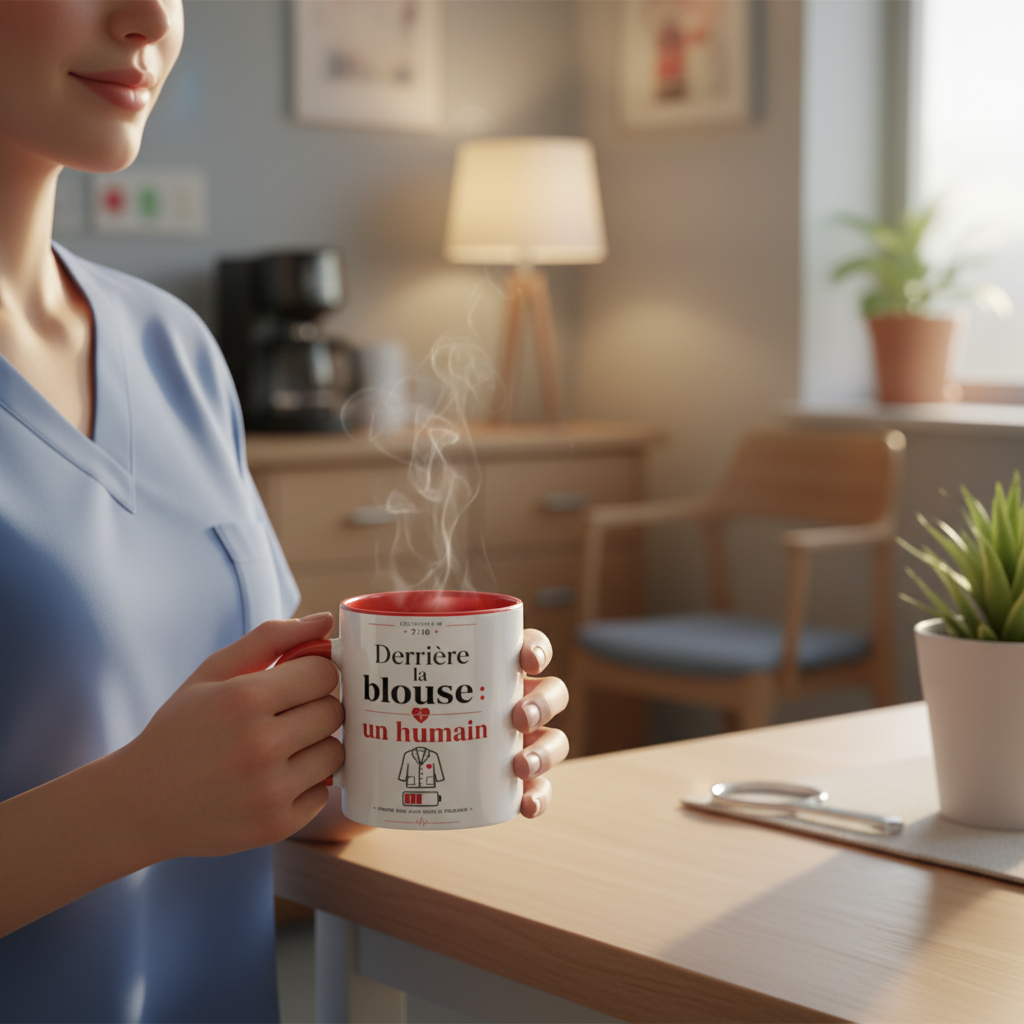 Mug blanc à poignée rouge, texte décoratif imprimé sur le devant.