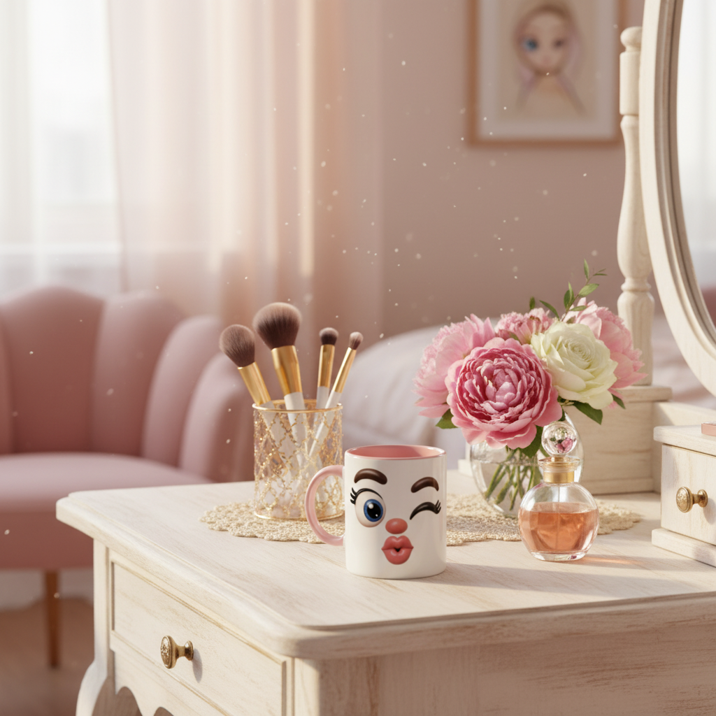 Mug kawaii visage feminin pose sur coiffeuse avec pinceaux maquillage et fleurs