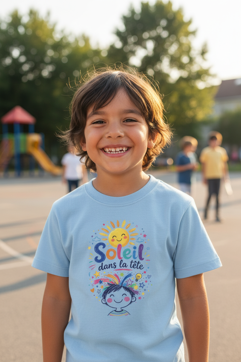 Enfant portant le t-shirt Soleil dans la tete bleu ciel de face souriant en plein soleil