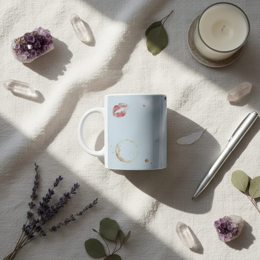 Flat lay mug kawaii bouche notes entouré de cristaux bougies et fleurs séchées sur tissu lin