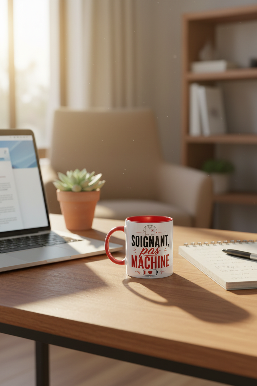 Mug céramique blanc à anse rouge sur bureau, imprimé « Soignant, pas machine ».