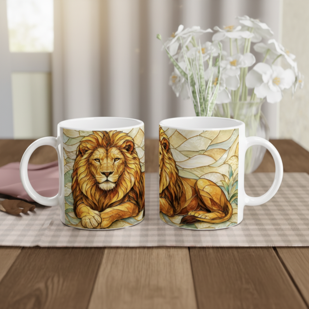 Les deux faces du mug lion vitrail posés sur table en bois, recto tête et verso corps du lion