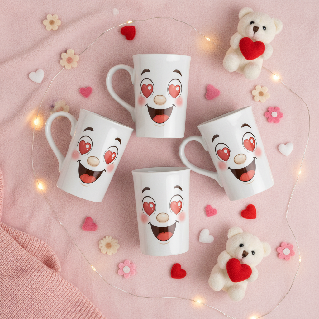 Lot de 4 mugs blancs au visage kawaii, yeux en cœur