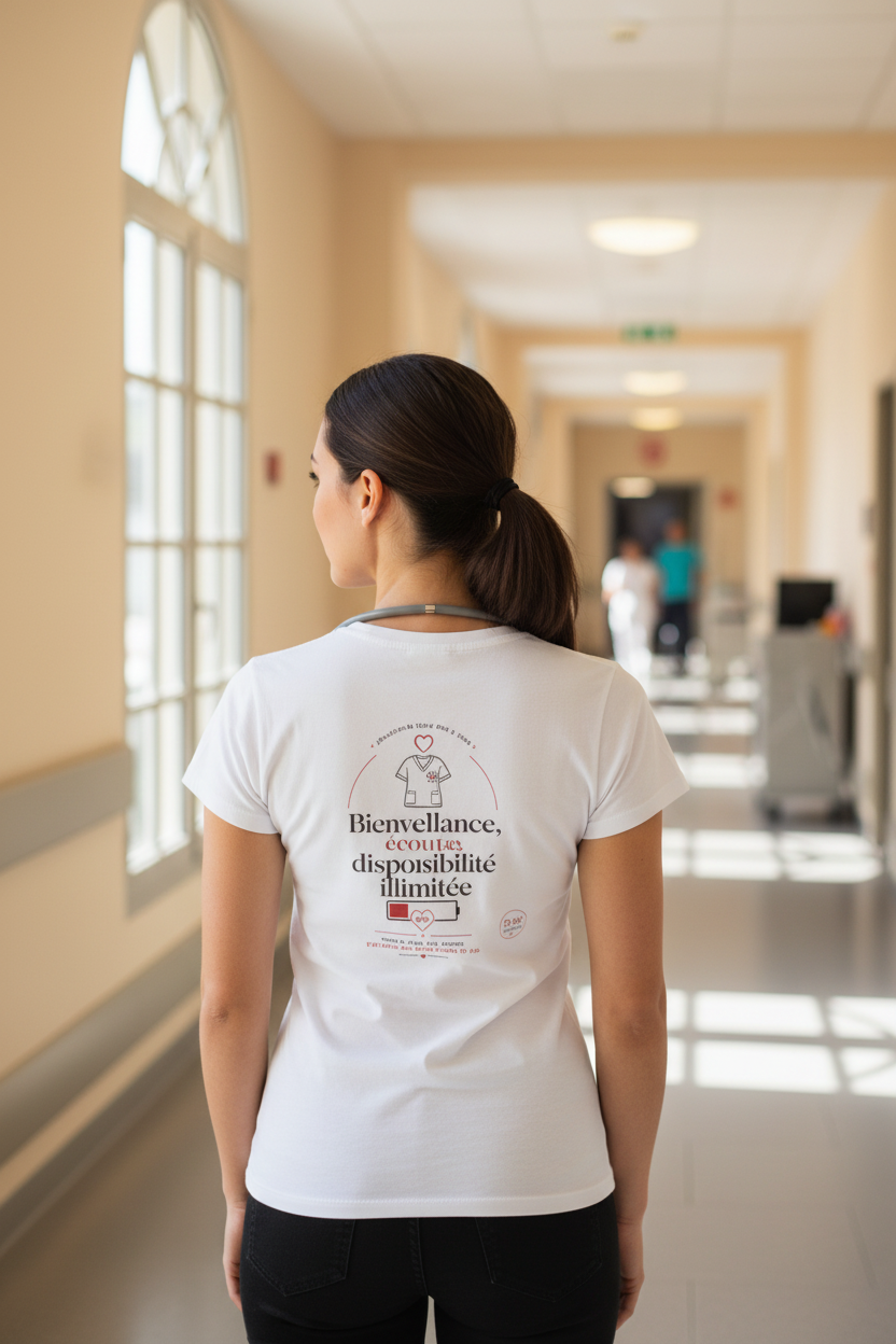 T-shirt blanc vue dos, imprimé cœur et texte « Bienveillance »