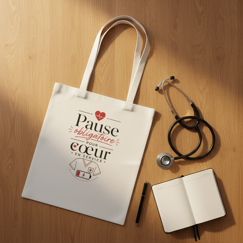 Tote bag naturel avec anses, logo « Pause obligatoire pour cœur en service »