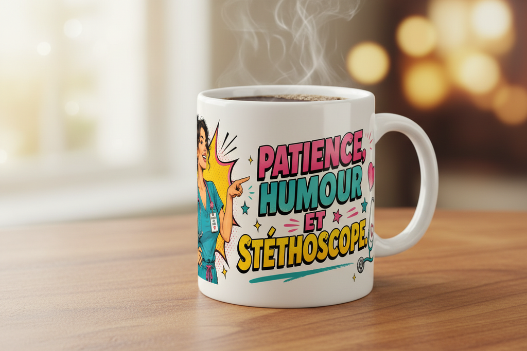 Mug blanc en céramique avec motif « Patience, humour et stéthoscope » et vapeur