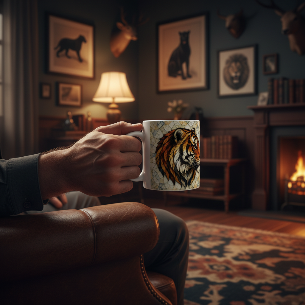 Personne tenant le mug tigre de profil vitrail dans un bureau sombre, fauteuil cuir, lumière ambre