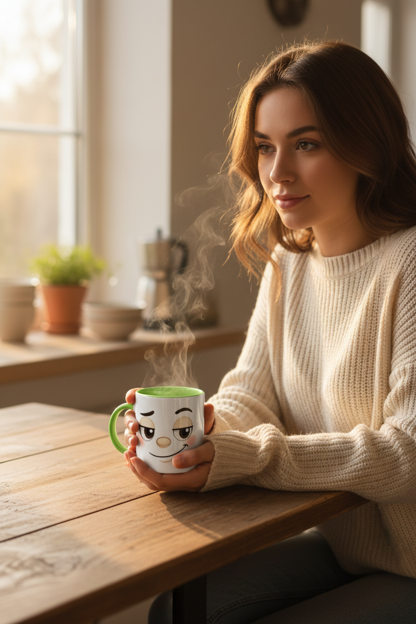 Mug en céramique avec visage kawaii, anse verte et intérieur vert