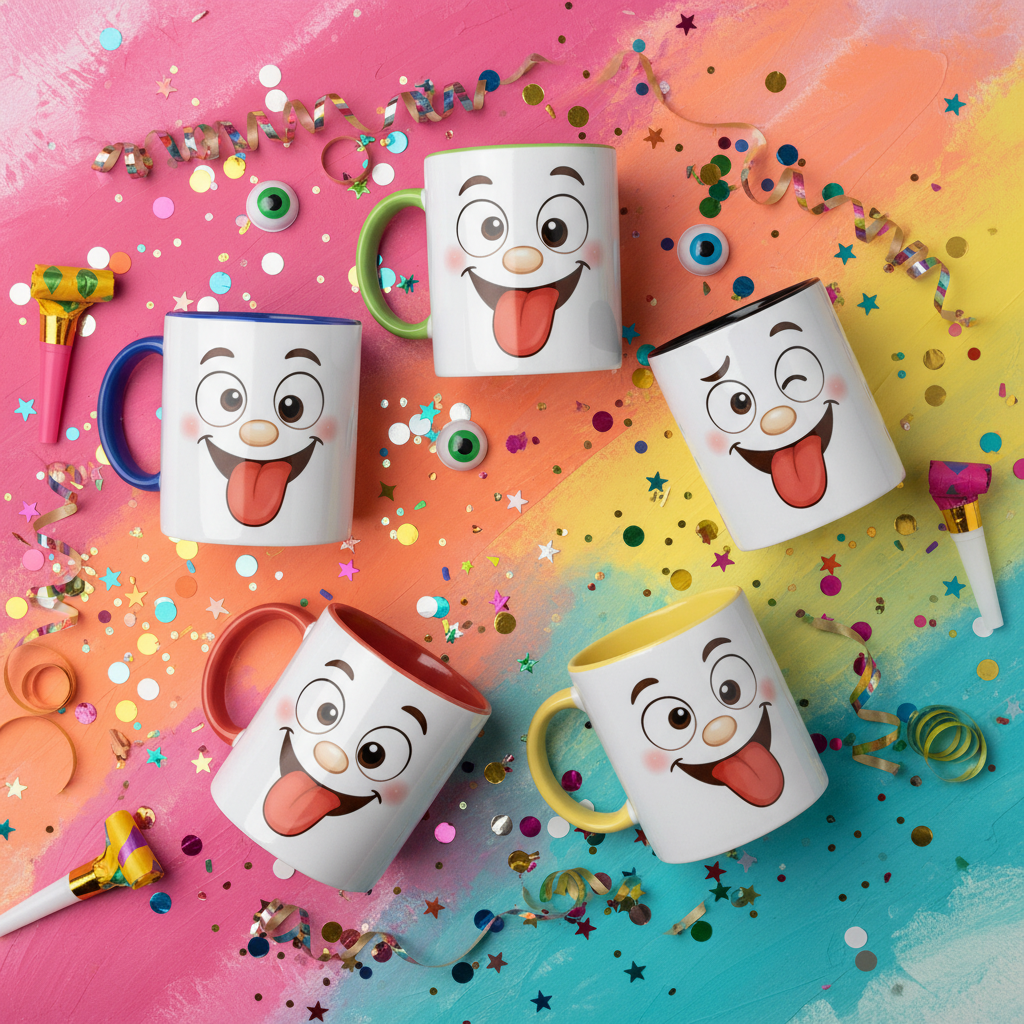 Lot de mugs en céramique blancs à visages kawaii, anses colorées, vue d’ensemble.