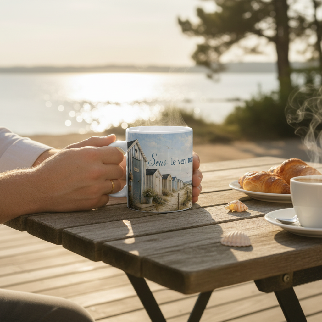 Mug Sous le vent marin je t'aime en douceur tenu par un couple en bord de mer, Bassin d'Arcachon