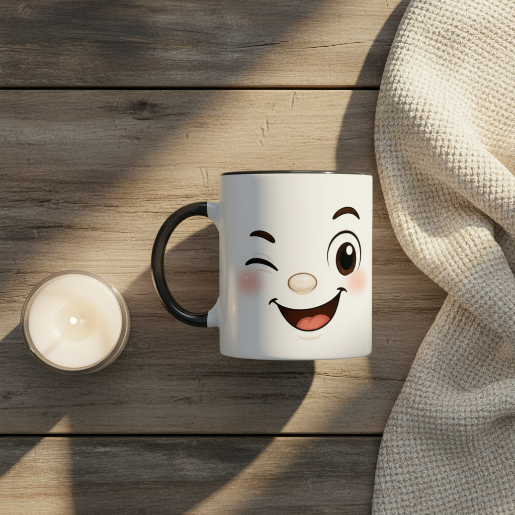 Mug en céramique blanche au visage kawaii, poignée noire et intérieur foncé