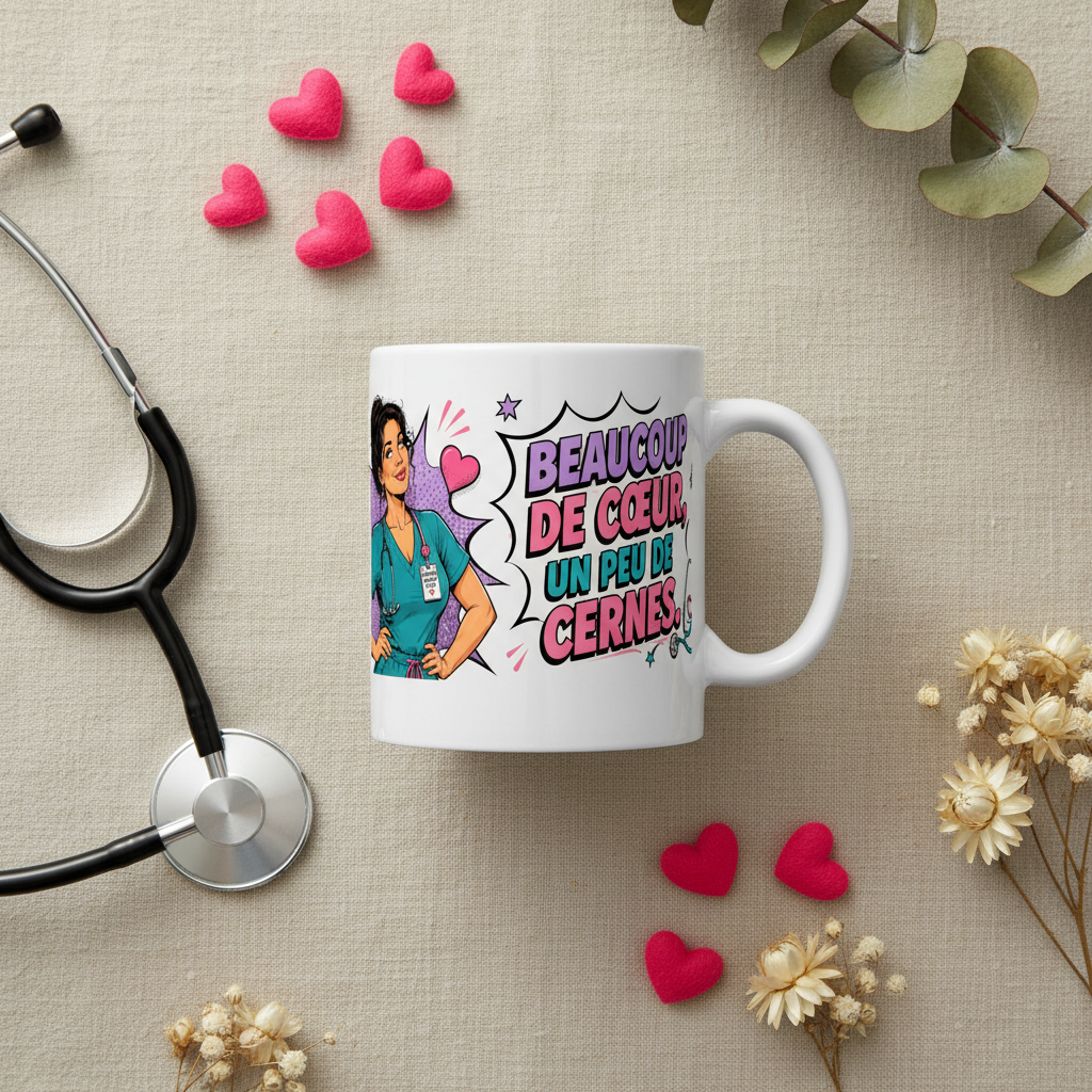 Tasse blanche avec illustration infirmière et cœurs roses, inscription humoristique