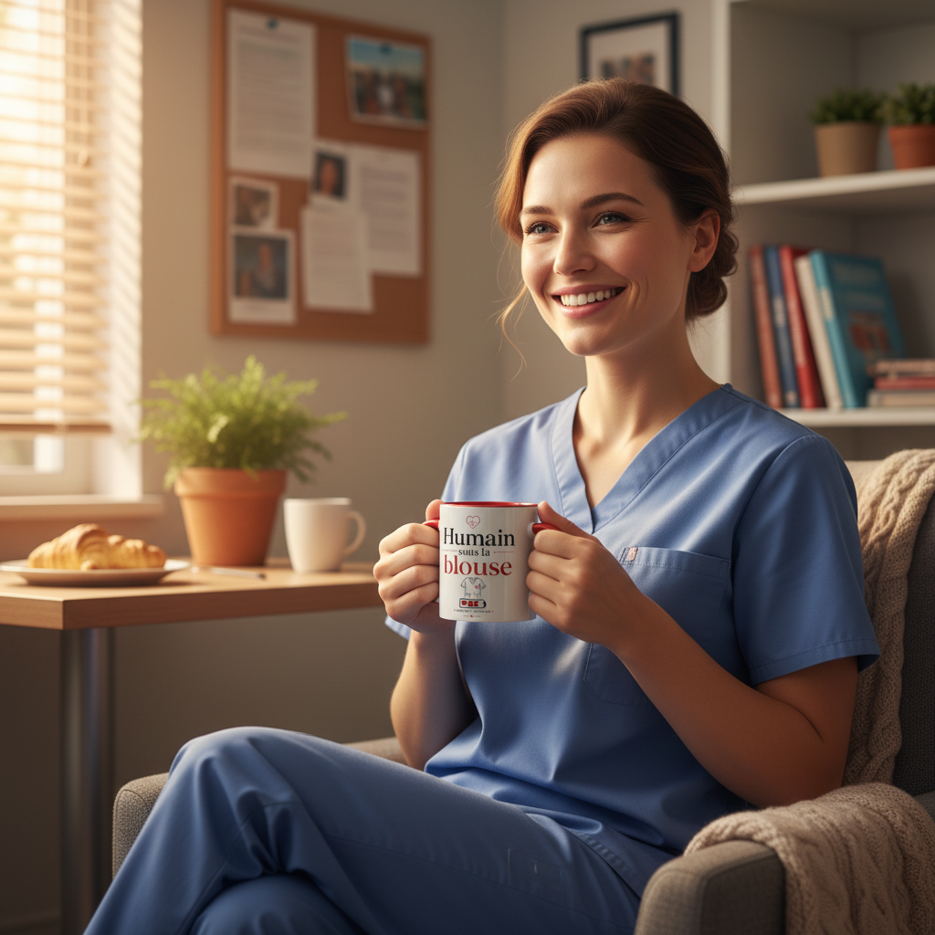 Mug Humain sous la blouse, anse rouge, texte imprimé et illustration