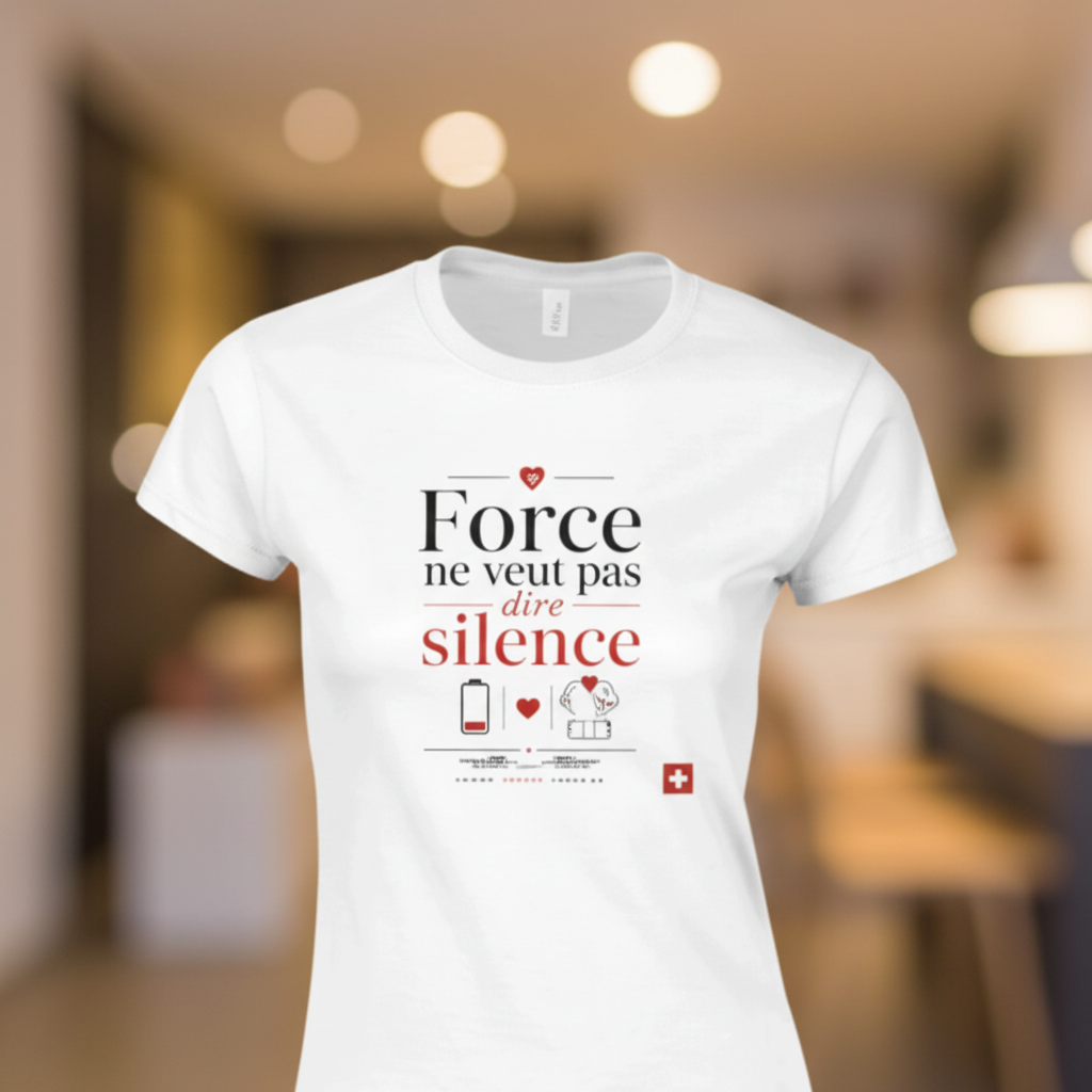 T-shirt blanc col rond, gros plan du texte « Force ne veut pas dire silence ».