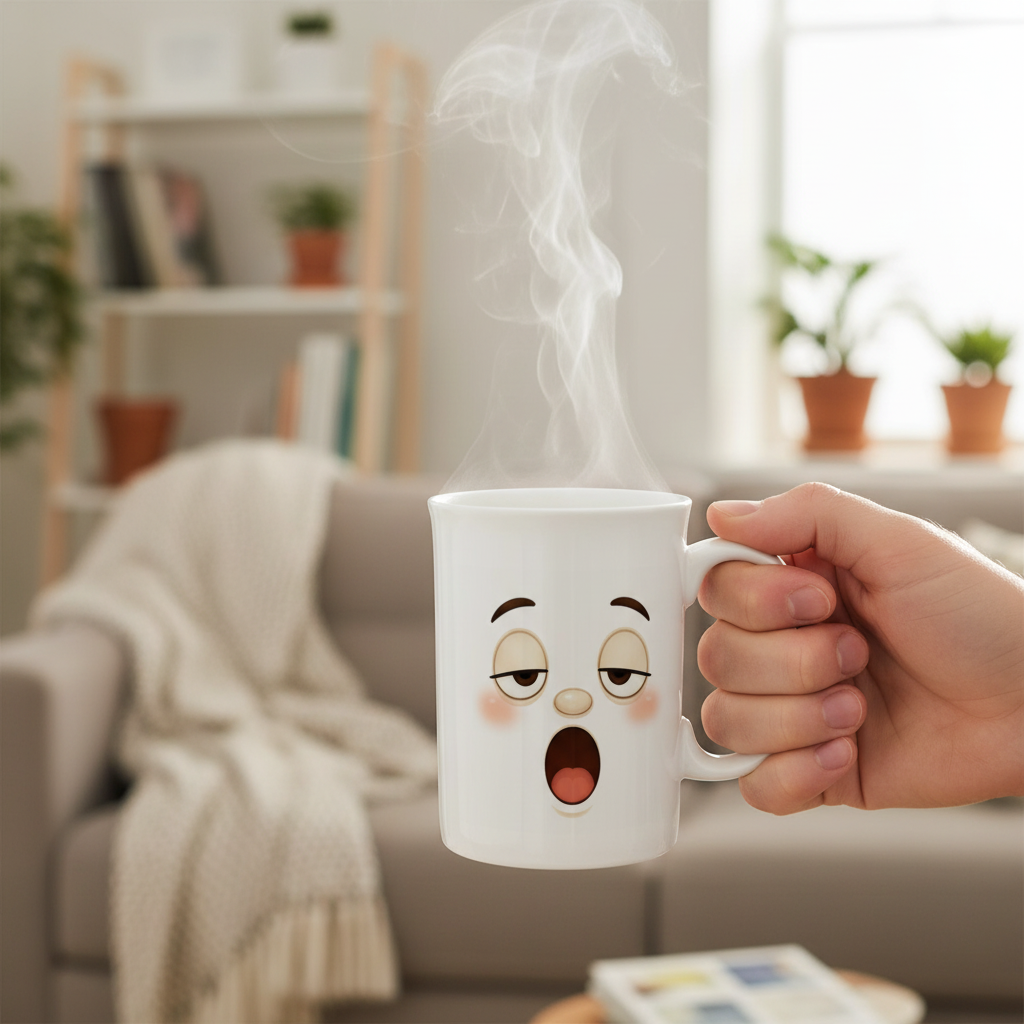 Mug en céramique blanche avec visage kawaii, main tenant la tasse fumante.