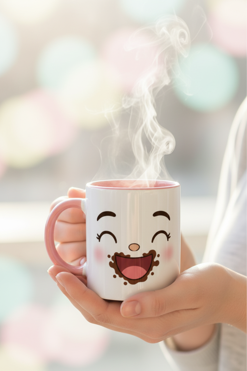 Mug en céramique blanche à anse rose, visage kawaii, vapeur sortante.