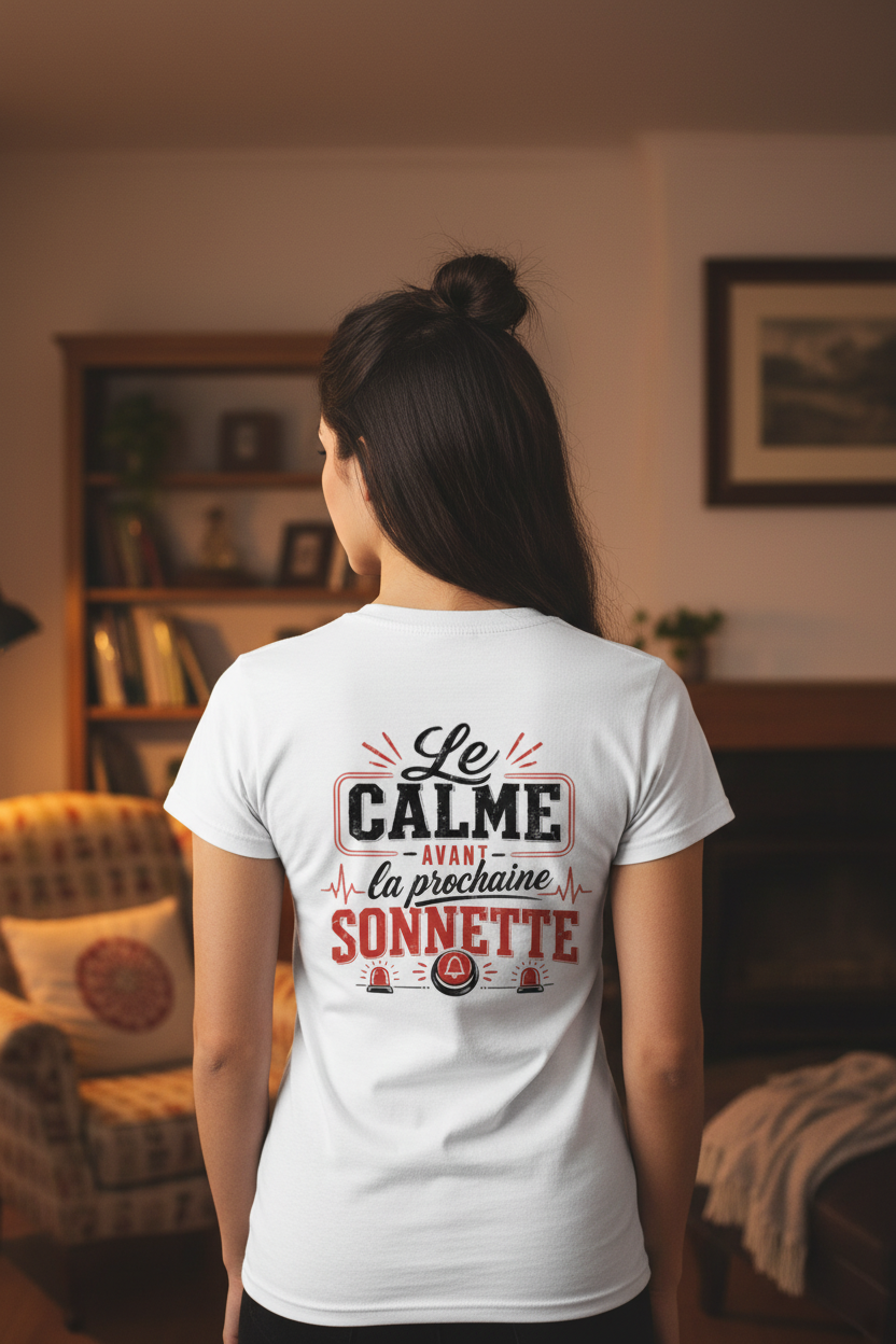 Vue dos du t-shirt Le Calme avant la prochaine Sonnette porté par une soignante