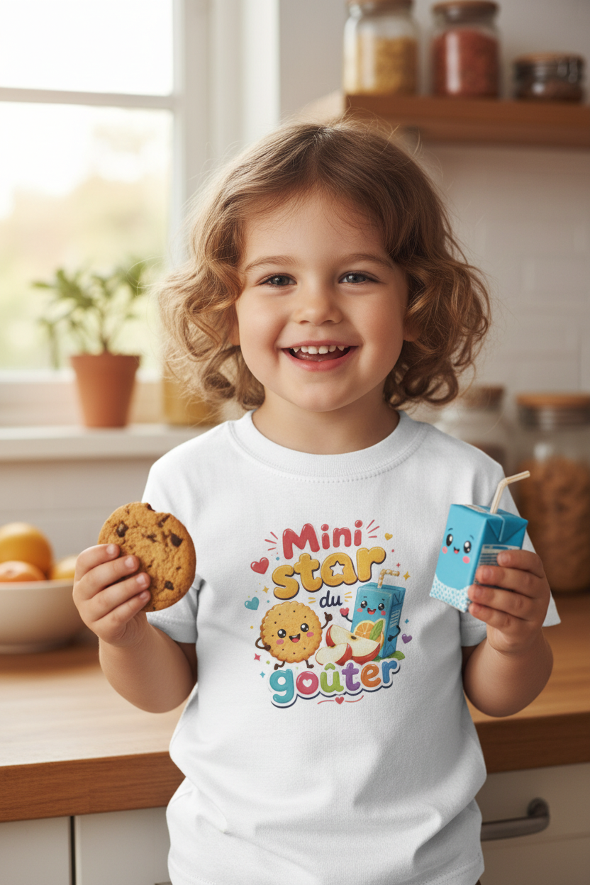 T-shirt enfant blanc avec imprimé « Mini Star du goûter » et dessin de biscuit