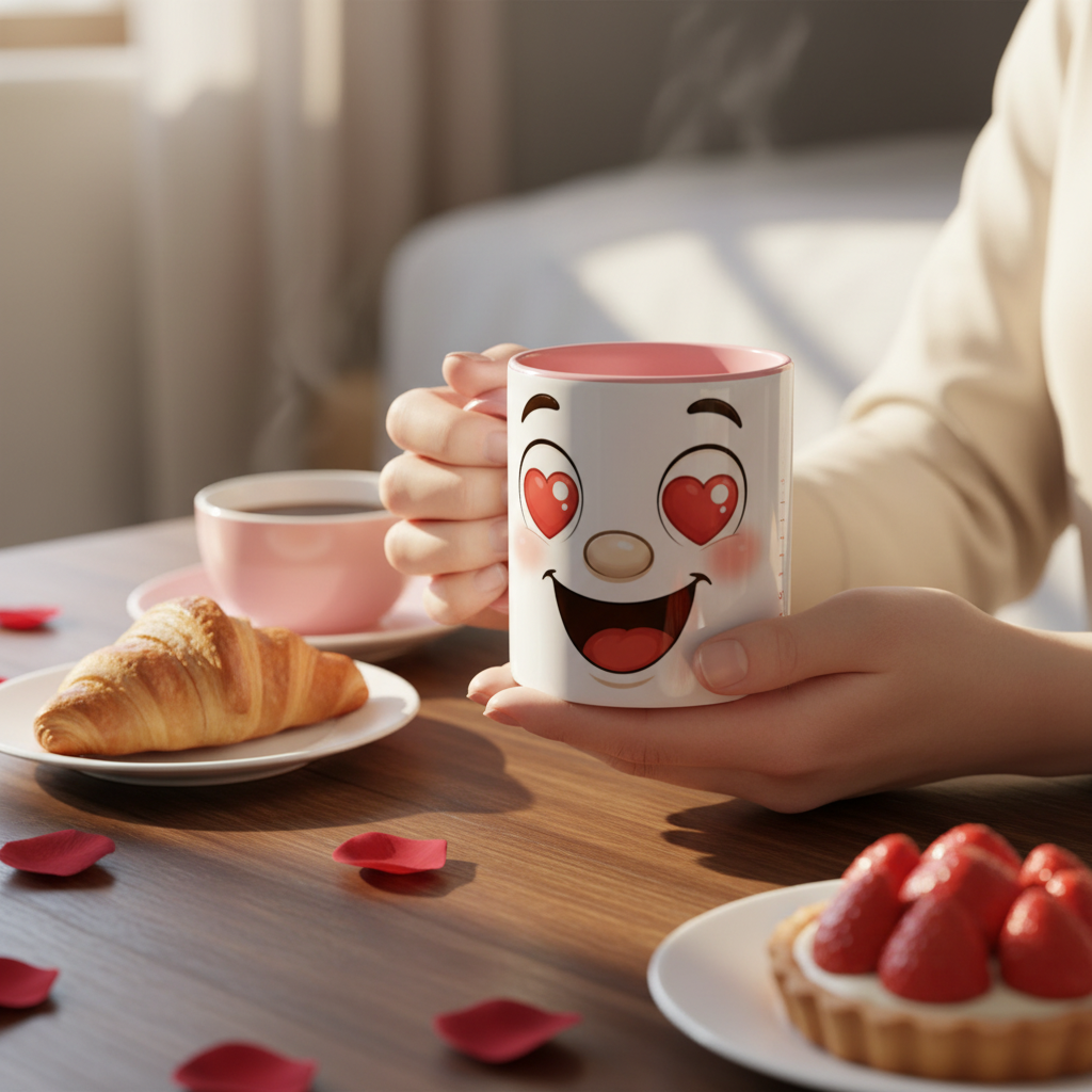 Mug en céramique blanche, anse rose, main tenant le mug, décor visage cœurs rouges.
