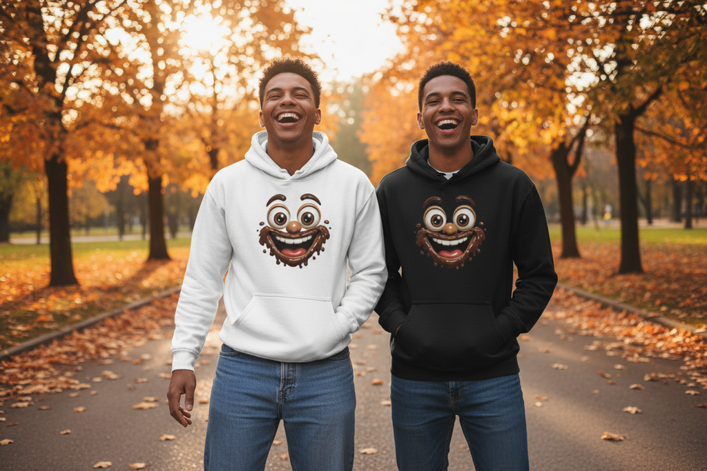 deux amis en sweat noir et blanc visage chocolat rigolo style casual automne