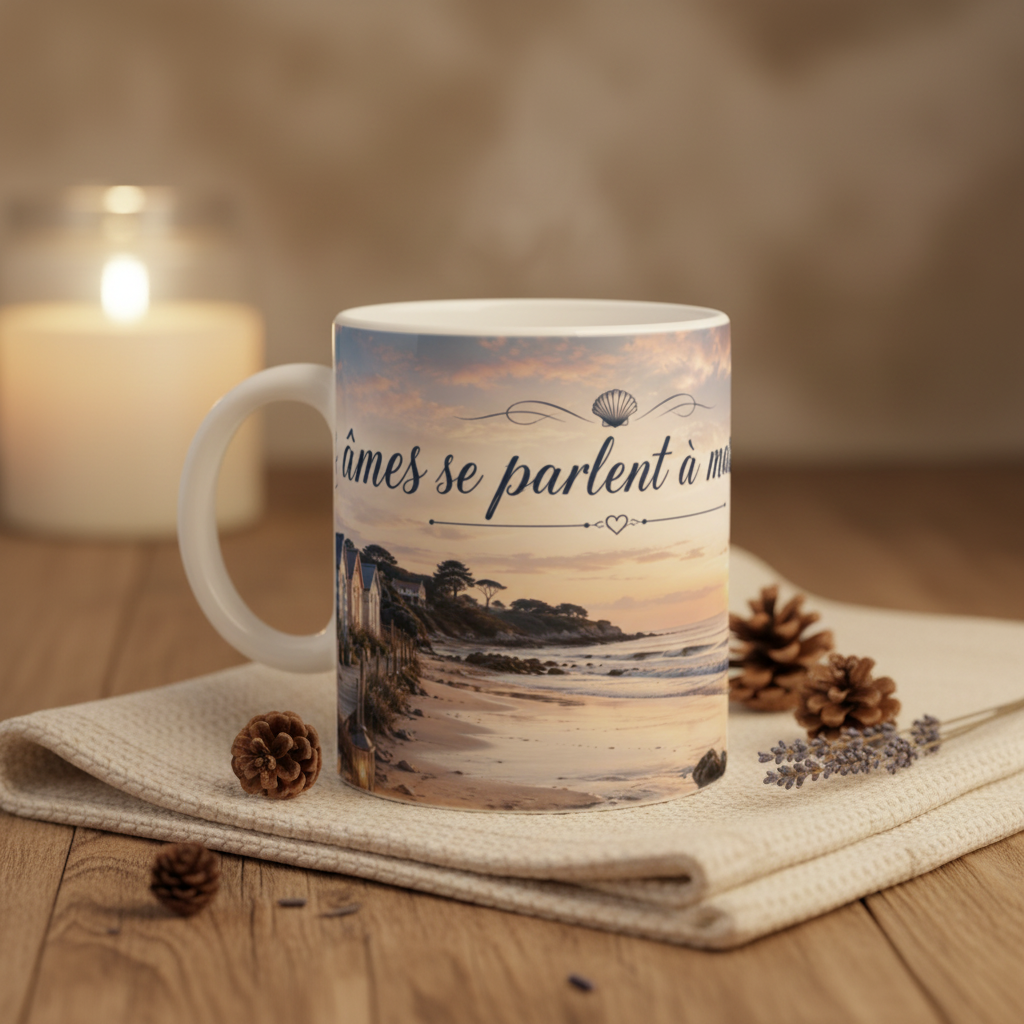 Zoom sur le design aquarelle du mug avec cabanes de plage au coucher du soleil et texte poetique