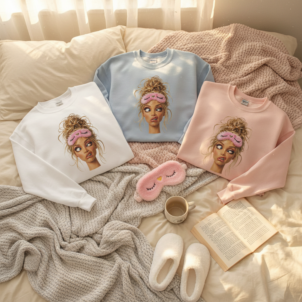 Flat lay trois sweatshirts blanc, bleu ciel et rose pâle design tête du matin sur lit cosy avec accessoires sommeil