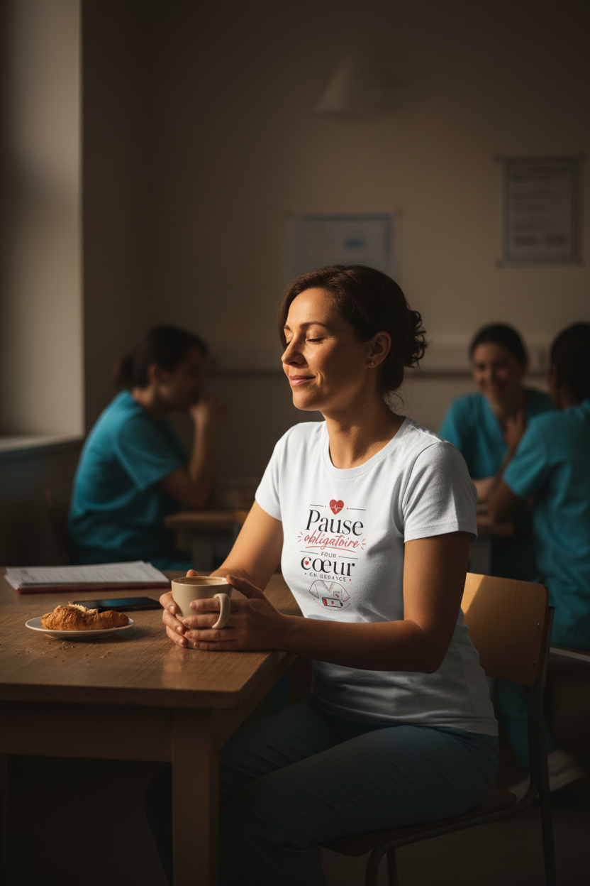 T-shirt blanc col rond, motif cœur rouge « Pause obligatoire » au centre.