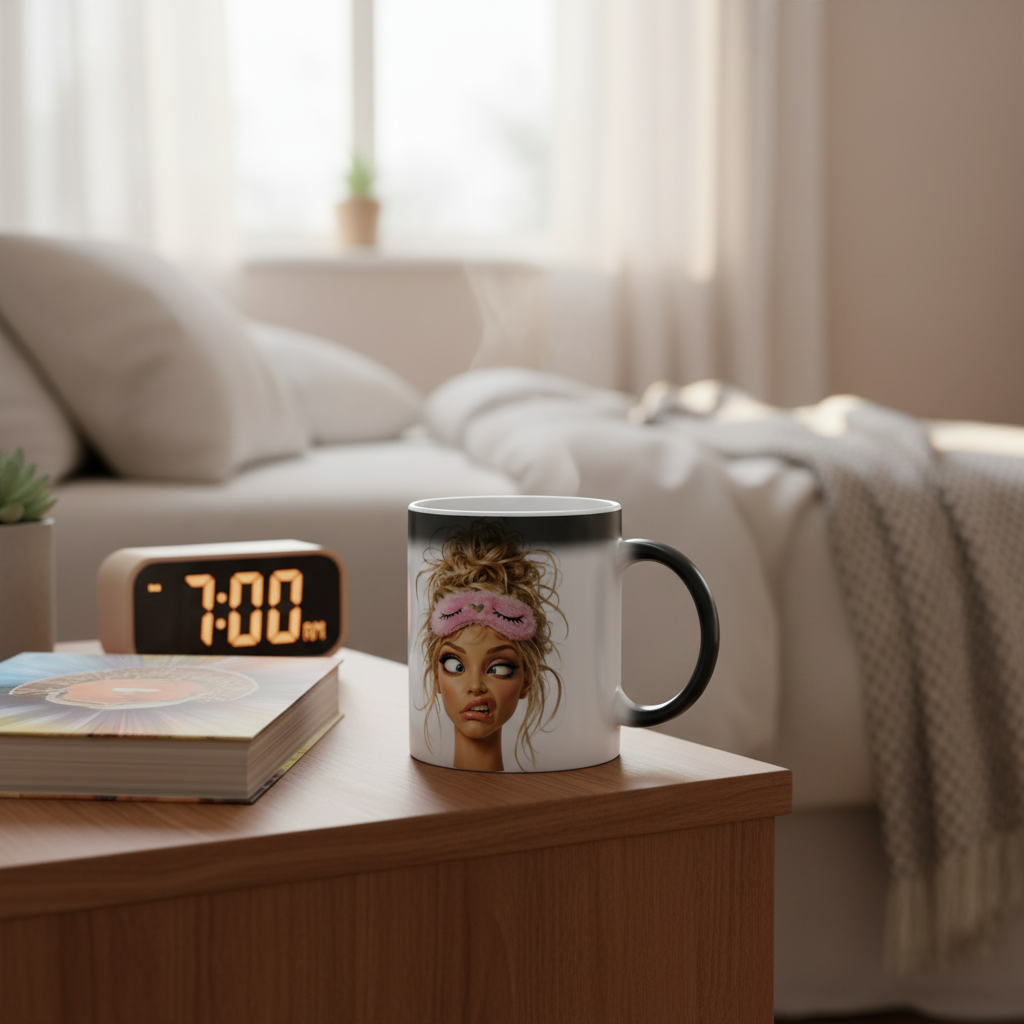 Mug magique noir sur table de nuit, verso avec design tête du matin visible, anse à droite, ambiance chambre cosy