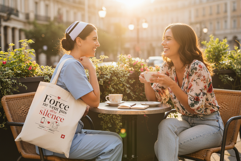 Sac cabas en toile beige, anses longues, imprimé « Force » sur le devant
