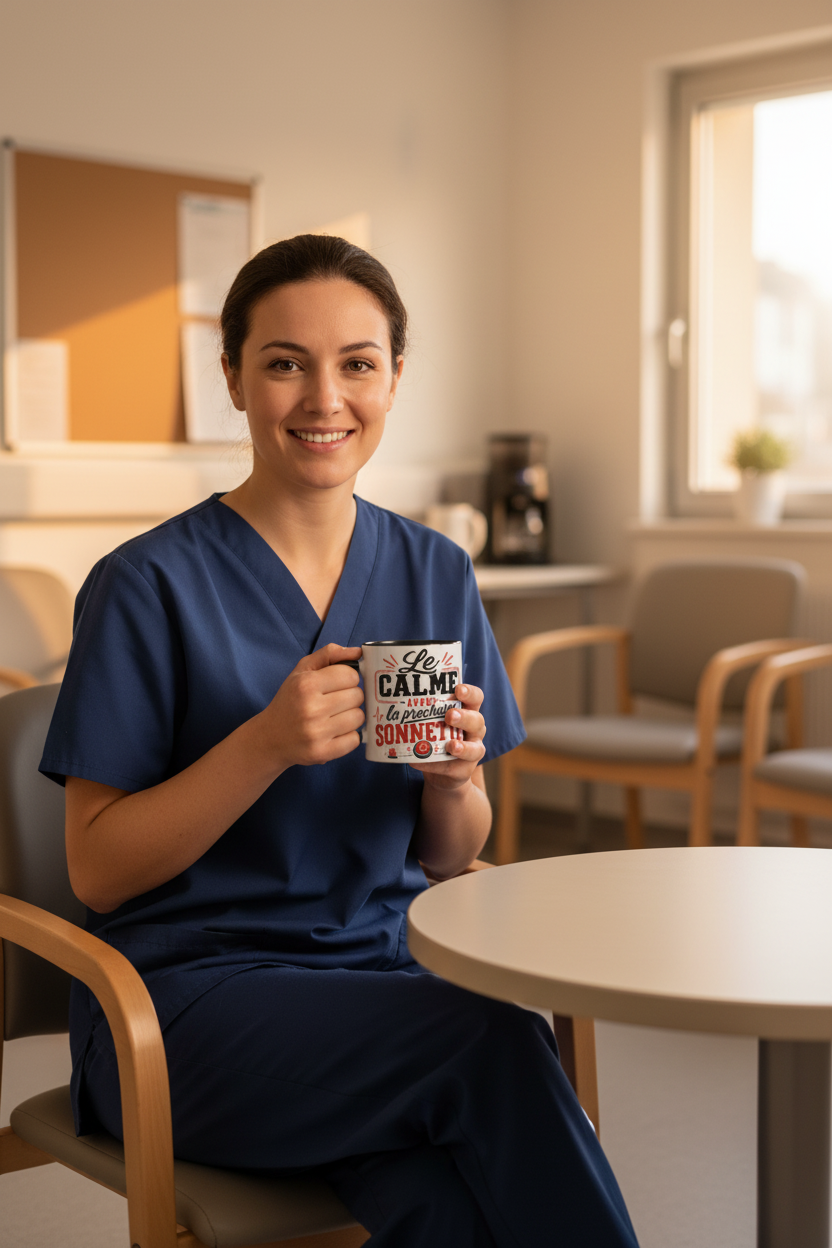 Soignante tenant le mug Le Calme avant la prochaine Sonnette dans une salle de pause hospitalière