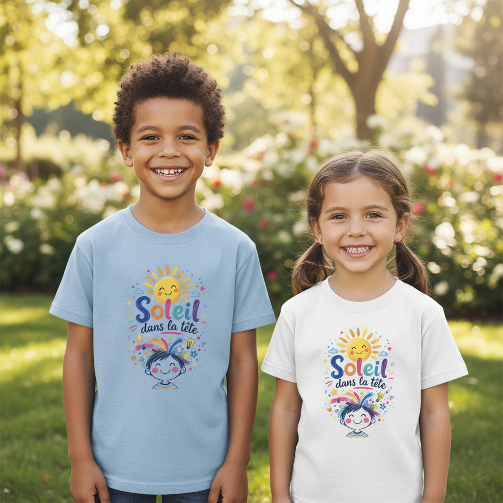 Deux enfants portant le t-shirt Soleil dans la tete, bleu ciel et blanc, de face souriants en plein air