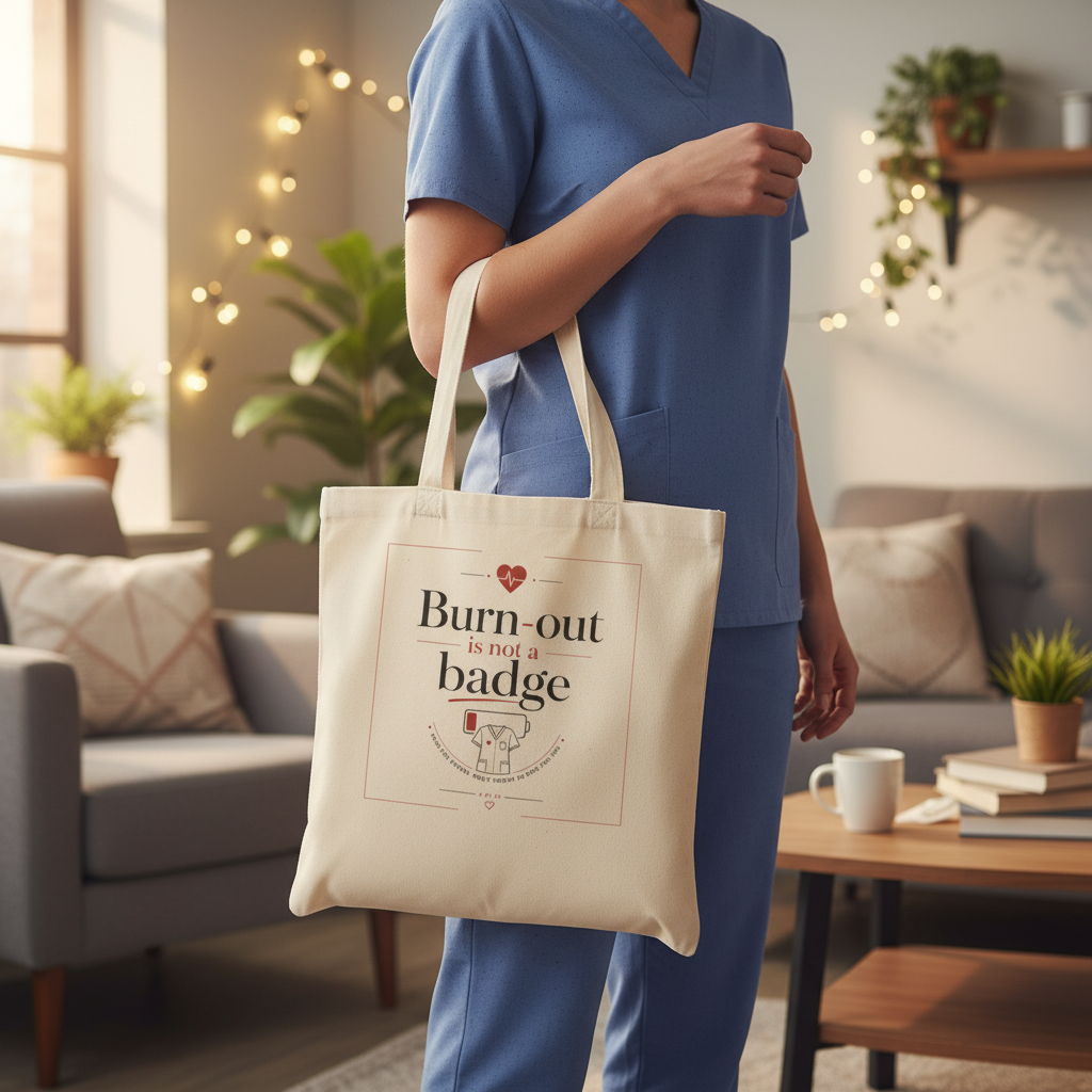 Sac tote en toile claire, anses longues, logo imprimé au centre, porté