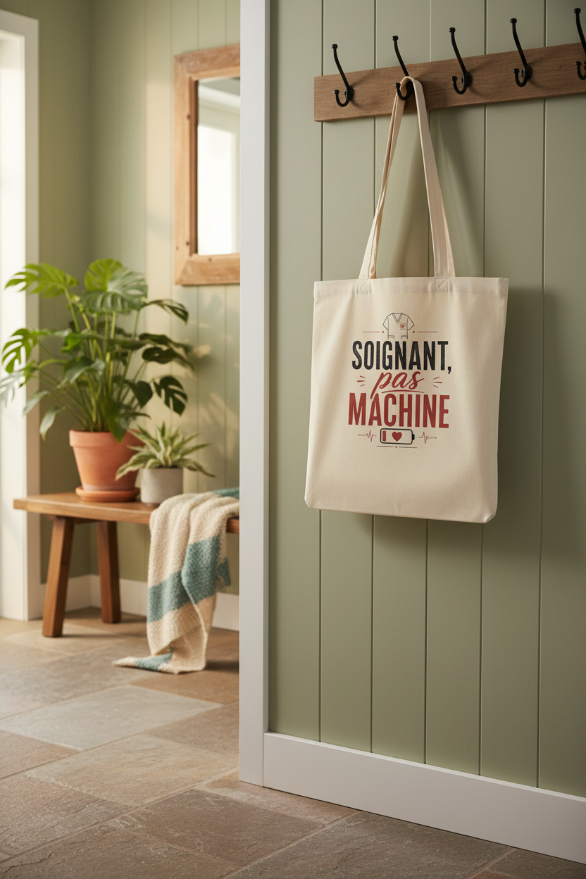 Tote bag en toile écru suspendu, anses et inscription rouge/noire « Soignant, pas machine »