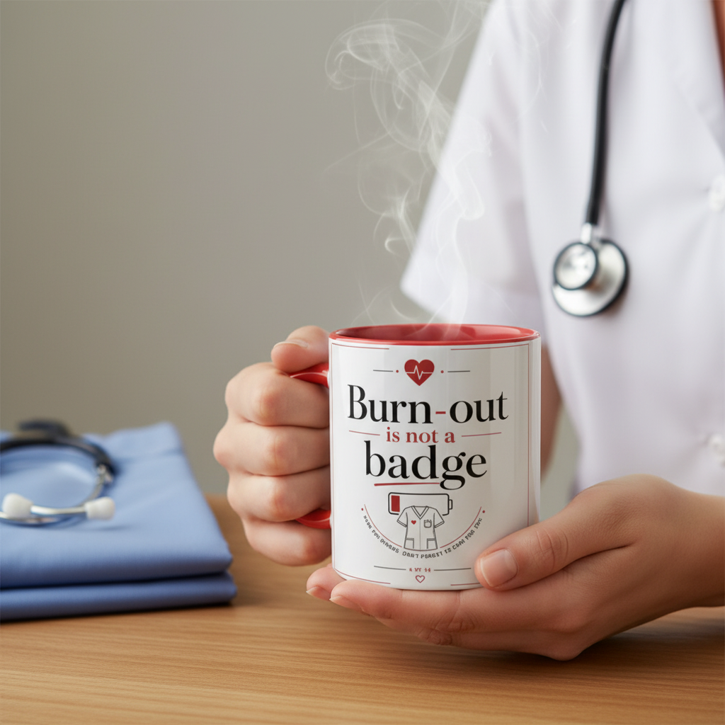 Mug en céramique rouge fumant, bord rouge, marquage Burn-out is not a badge.