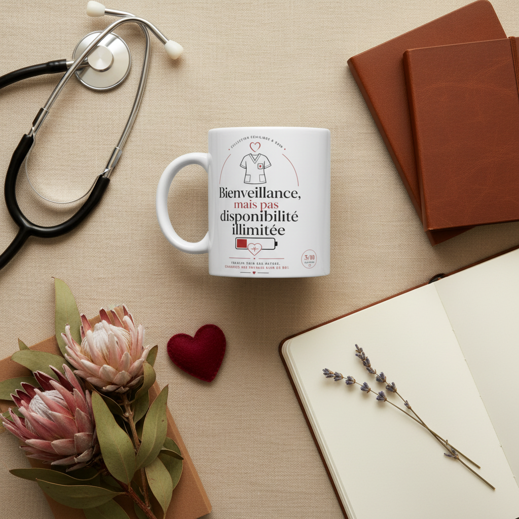 Mug blanc, stéthoscope près du mug et texte « Bienveillance… »