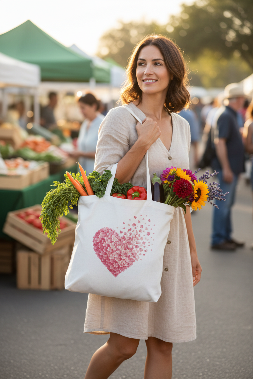 Sac tote blanc cassé avec grand cœur rose en petits cœurs, anses longues