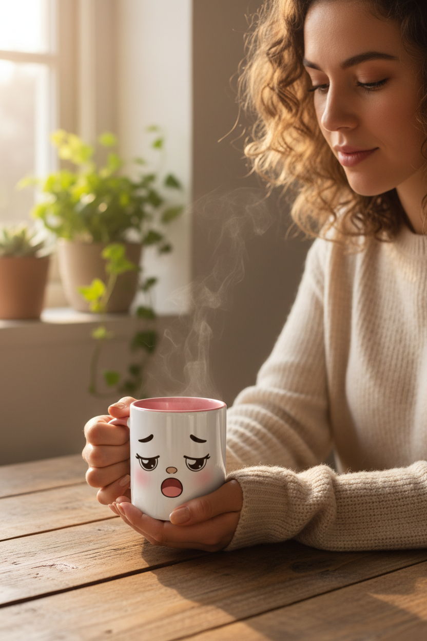 Tasse blanche au visage endormi, intérieur et bord rose, joues roses.