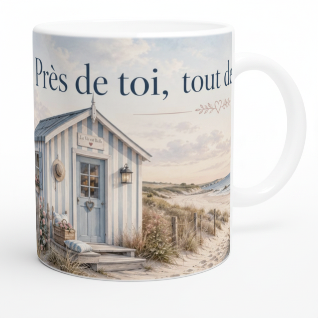 Zoom sur le design aquarelle du mug avec cabane rayee bleue chapeau de paille lanterne et texte poetique