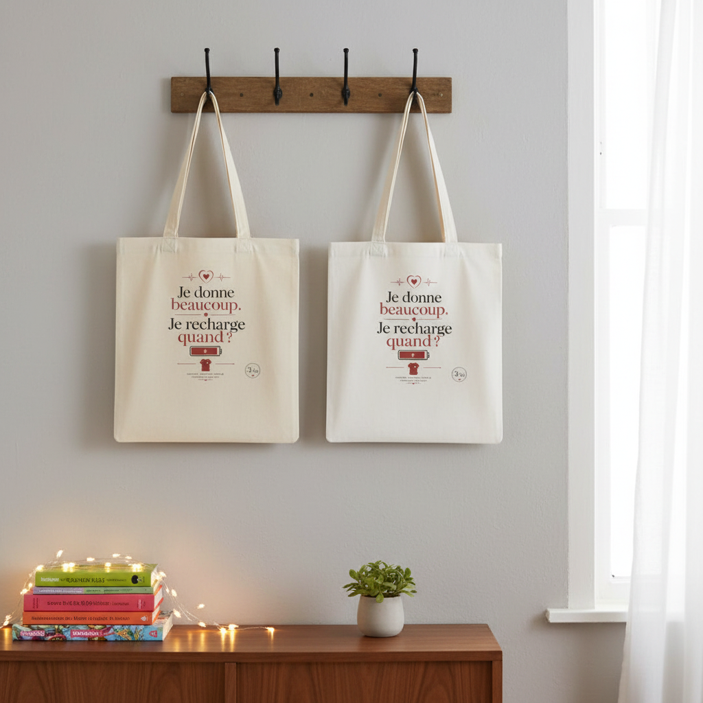 Deux tote bags en toile blanc cassé, motifs rouges, poignées