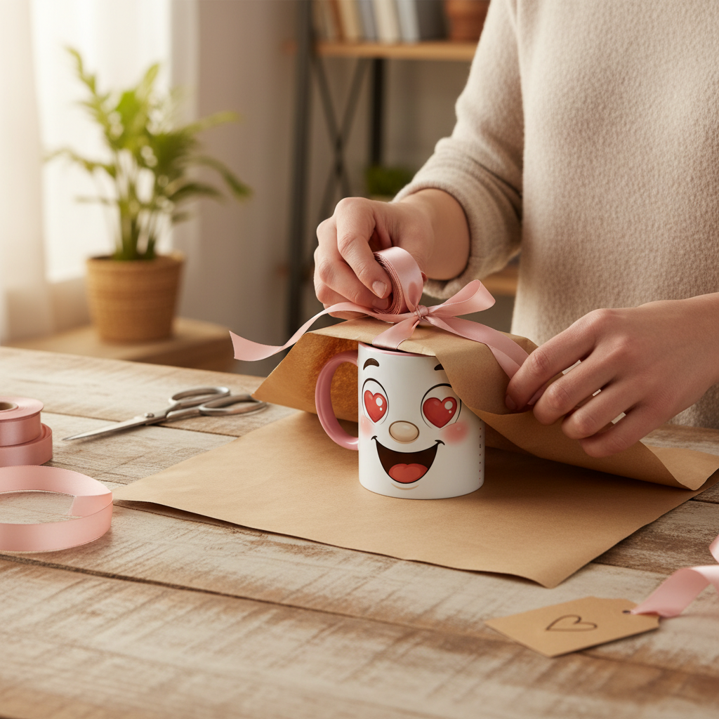 Mug en céramique blanche, anse rose, décor visage kawaii aux cœurs rouges près d’un ruban.