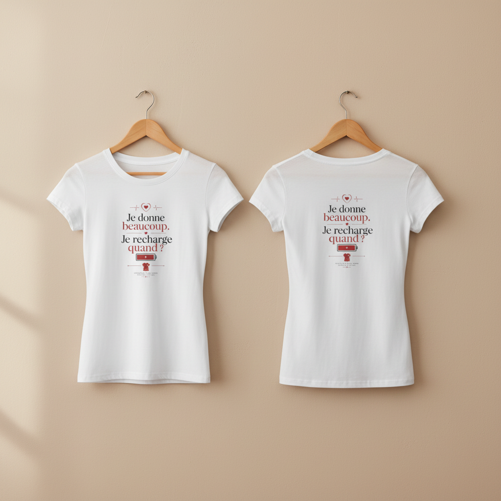 T-shirts blancs sur cintres : face et dos avec message rouge et petit pictogramme.