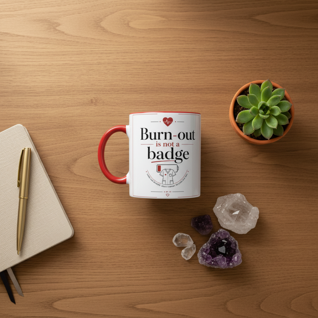 Mug en céramique rouge sur table en bois, poignée rouge, marquage Burn-out.