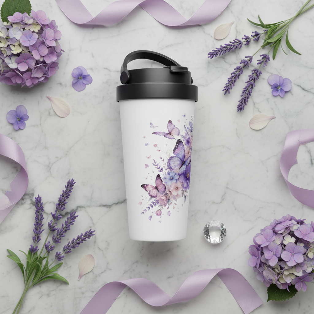 Mug de voyage blanc à couvercle noir, motif papillons et fleurs violettes.