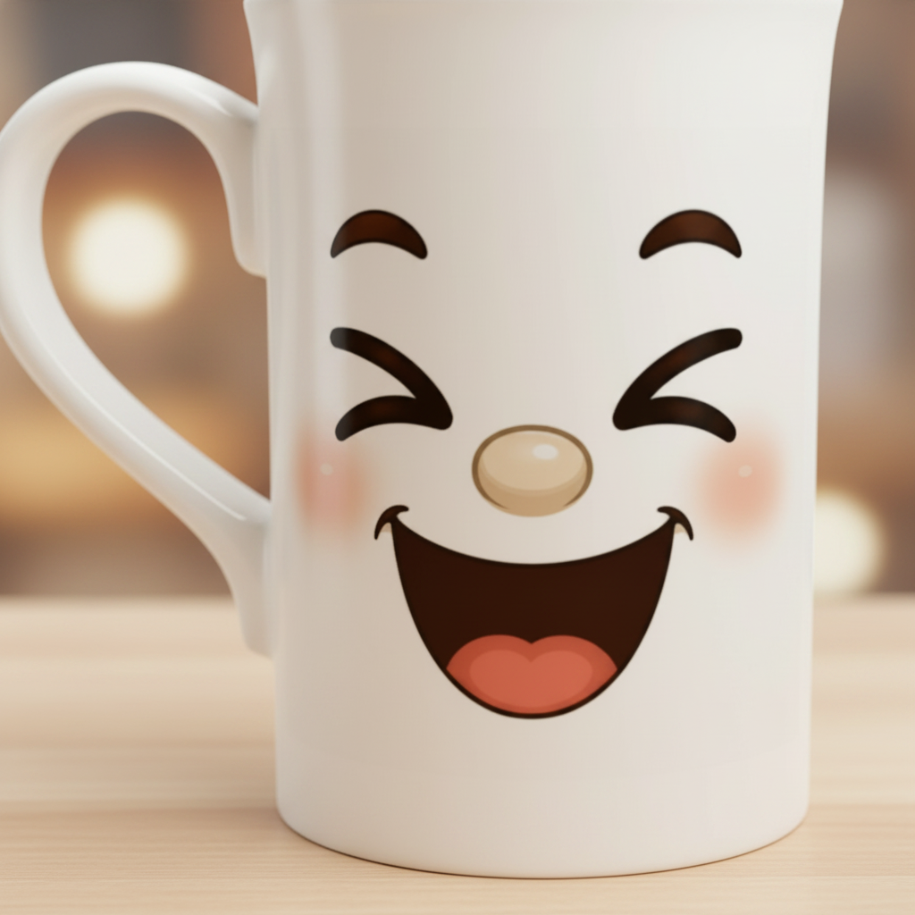 Gros plan sur mug blanc avec visage kawaii, yeux et bouche souriante
