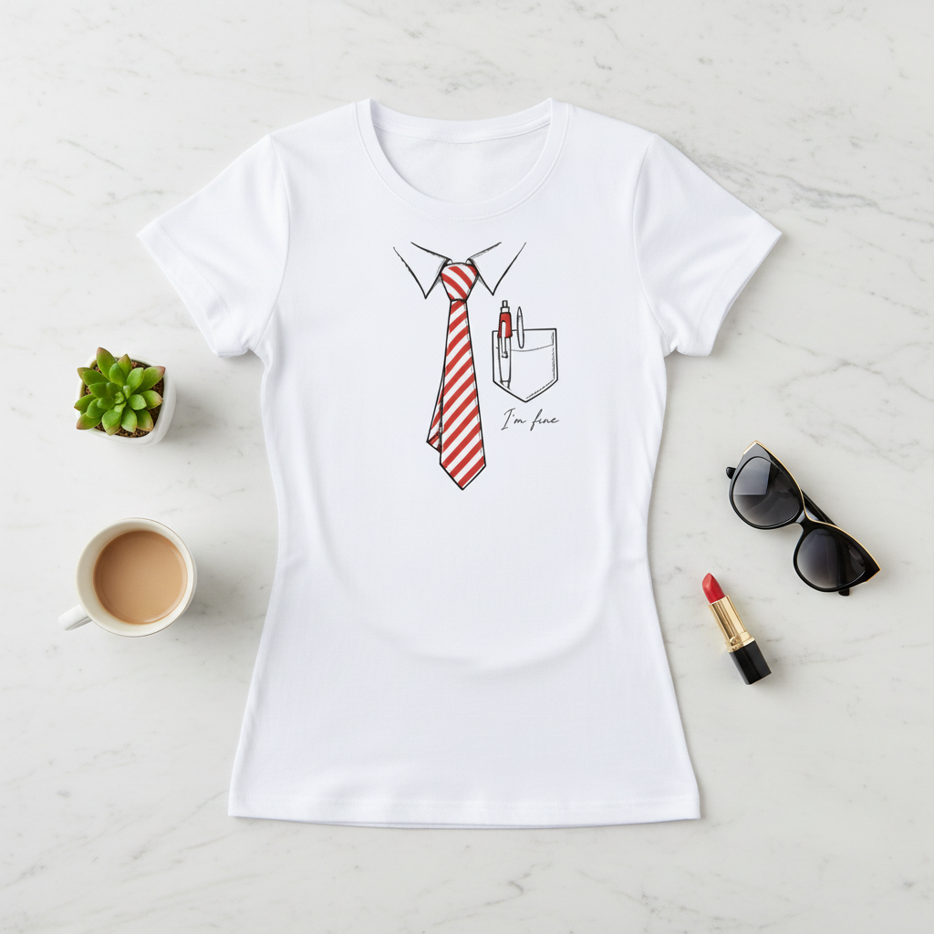 T-shirt femme blanc avec motif cravate rayée rouge et blanche et poche, « I'm fine »