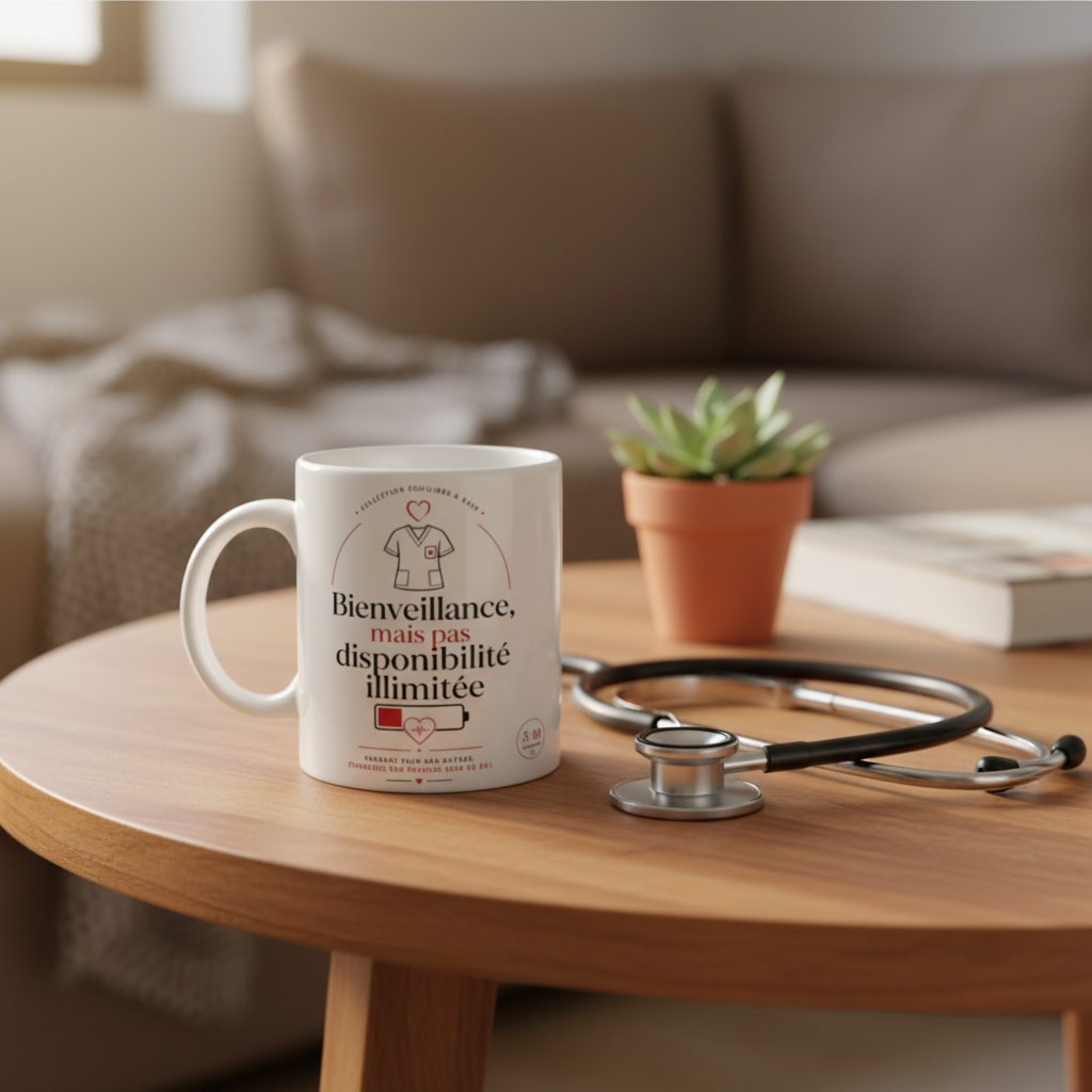 Mug blanc sur table, inscription « Bienveillance, mais pas disponibilité illimitée »