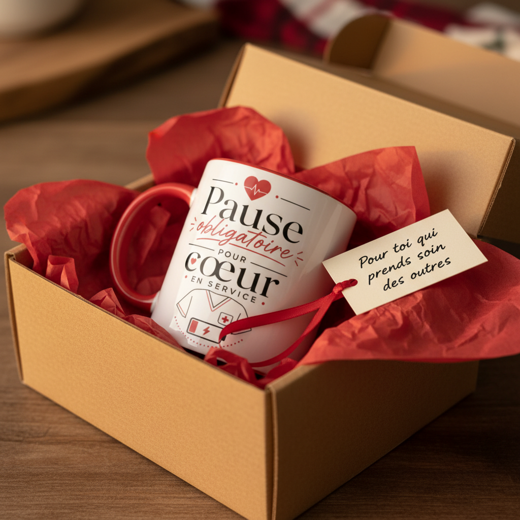 Mug en coffret cadeau : céramique blanche anse rouge, motif cœur, « Pause obligatoire »