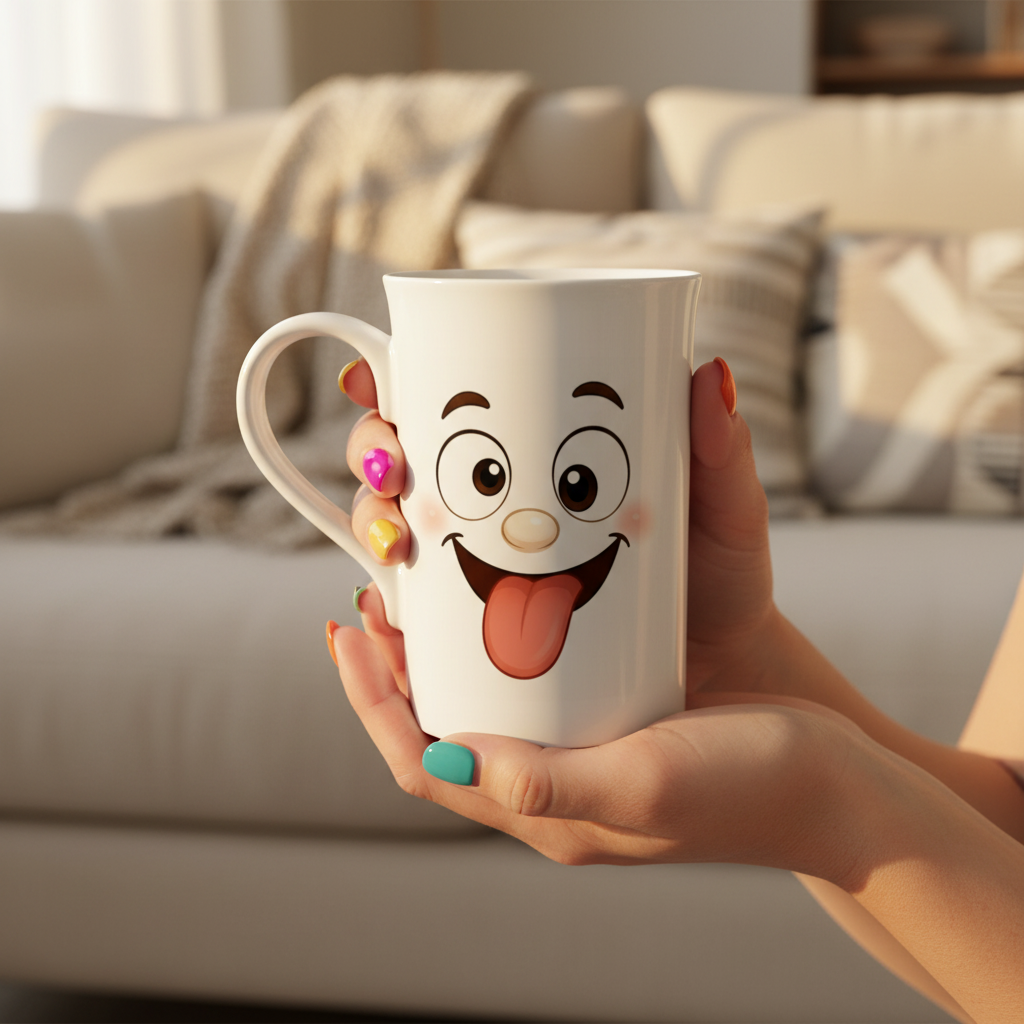 Mug blanc à visage kawaii qui tire la langue, tenu par des mains.